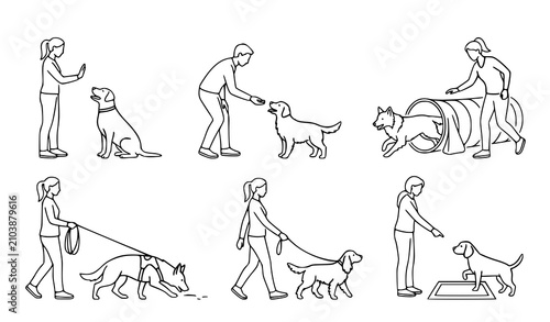 фотографія Dog Training Cartoon Vector Set Obedient Pets and Handlers Outdoor Agility Playg