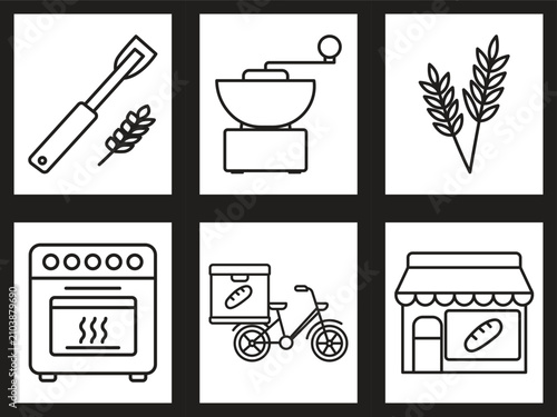 Minimal Bakery Business Line Icon Set with Oven Delivery Store Coffee Grinder and Wheat