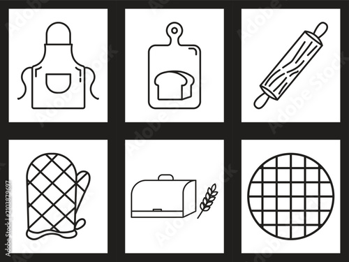Minimal Bakery Kitchen Line Icon Set with Baking Tools and Bread Vector Collection