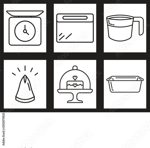Minimal Bakery Equipment Line Icon Set with Kitchen Scale Measuring Cup Cake Stand and Baking Pan