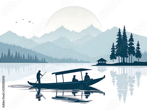 Modern minimal vector illustration of the Shikara boat on Dal Lake, isolated on white background, simple silhouette