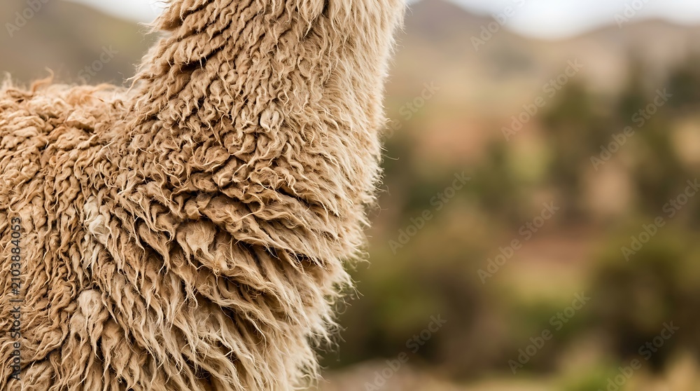 Obraz premium Close up view of fluffy alpaca wool texture against mountain backdrop