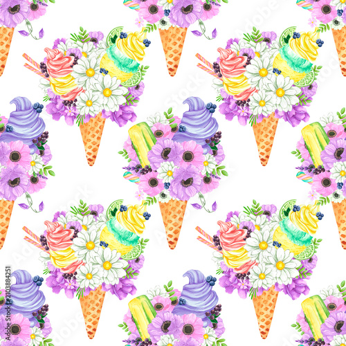 Hand drawn watercolor berry ice cream with flowers blueberry black currant and lime seamless pattern isolated on white background. Can be used for textile, fabric, wrapping and other printed products