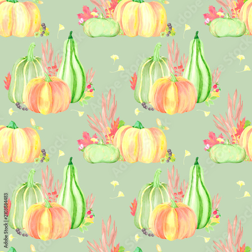 Hand drawn watercolor pumpkins, leaves and berries seamless pattern. Autumn illustration isolated on grey background. Can be used for textile, fabric and other printed products