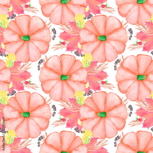 Hand drawn watercolor pumpkins leaves and berries seamless pattern. Autumn illustration isolated on white background. Can be used for textile, fabric and other printed products