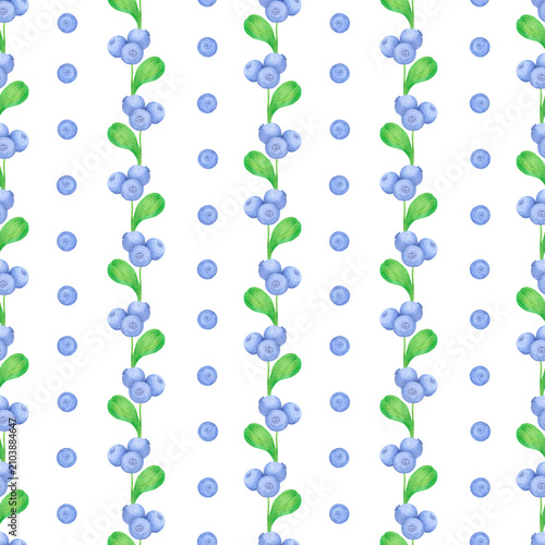 Hand drawn watercolor blueberry with green leaves seamless pattern. Illustration of berries isolated on white background. Can be used for textile, fabric and other printed products