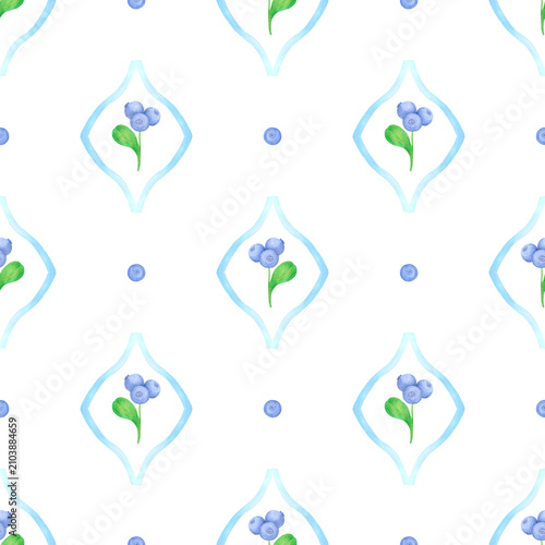 Hand drawn watercolor blueberry with green leaves in diamond shape frame seamless pattern. Illustration of berries isolated on white background. Can be used for textile, fabric and other printed 