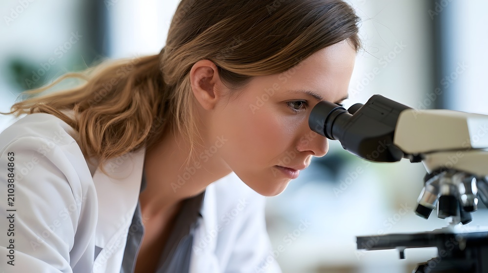 Fototapeta premium A focused individual examining a specimen through a microscope in a well lit laboratory environment