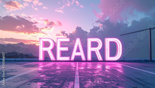 Neon REARD Sign on Wet Surface with Sunset Sky.