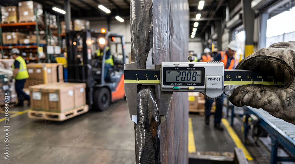Fototapeta premium Digital caliper measuring thickness of material with precision in a busy warehouse environment.