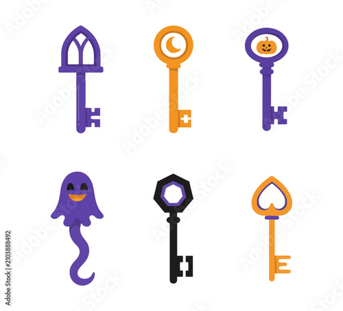 Set of halloween keys with spooky symbols like ghost, pumpkin, and moon, flat vector illustration
