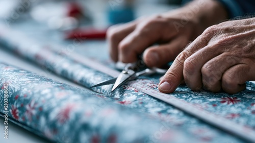 Close-up of a person's hands using scissors to cut patterned fabric along a ruler. The fabric has a delicate floral design in blue and white tones, suggesting a craft or sewing activity