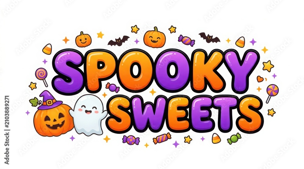 Fototapeta premium Halloween spooky sweets with pumpkin ghost bats, candy corn
