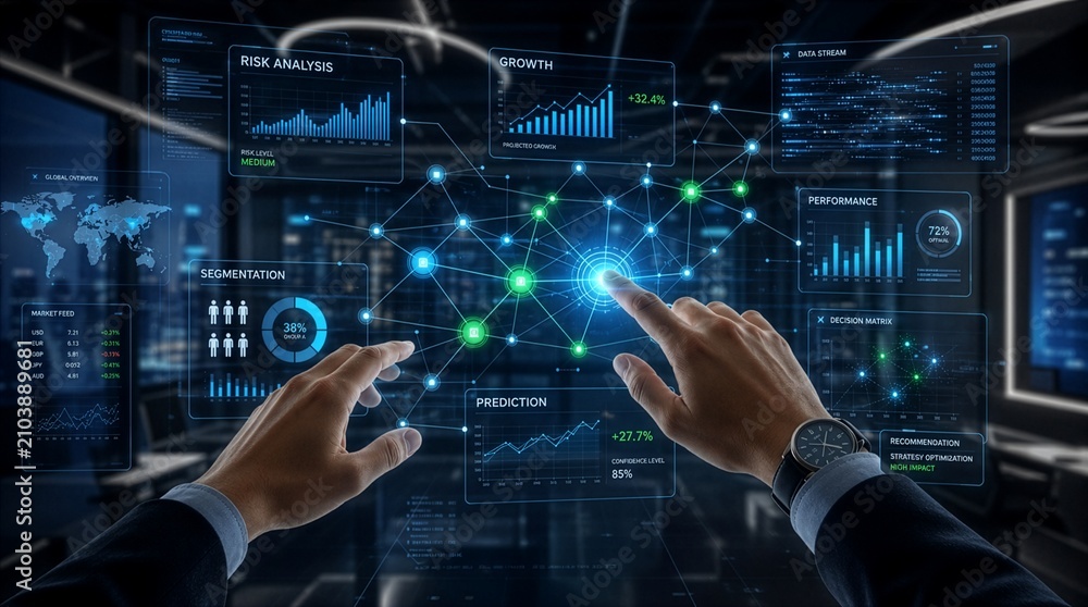 Fototapeta premium Hands touching glowing digital business analytics dashboard