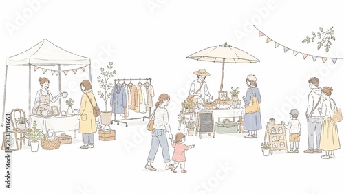 屋外で開催されるマルシェで買い物を楽しむ人々とテントのイラスト