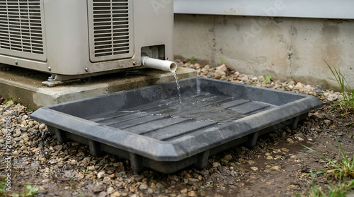 Air conditioning condenser unit draining water into a black plastic tray on gravel ground surface