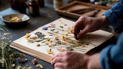 A person carefully arranging dried flowers onto an open book page for preservation and ic display