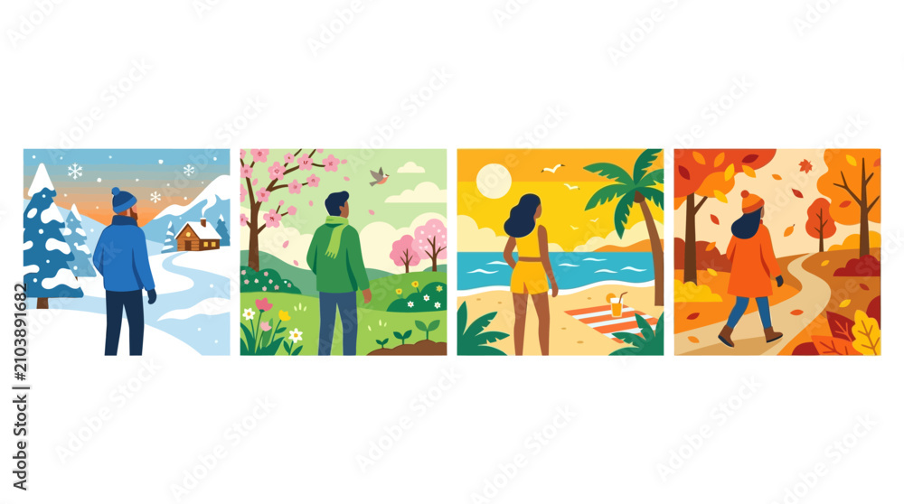 Fototapeta premium People experience the changing seasons through a series of illustrated landscape vignettes.
