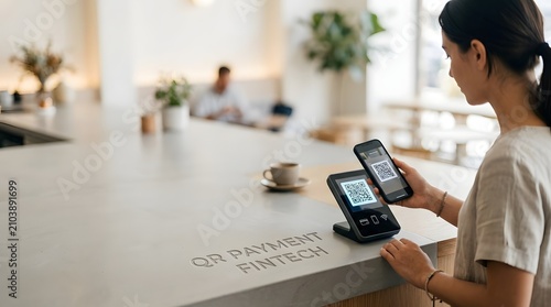 Woman using smartphone to scan QR code on payment terminal at modern cafe counter with engraved fintech text, digital mobile transaction in bright retail shop interior.