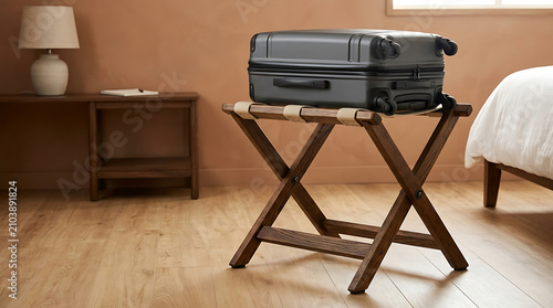 Gray hard shell suitcase resting on a wooden folding luggage rack in a hotel room bedroom
