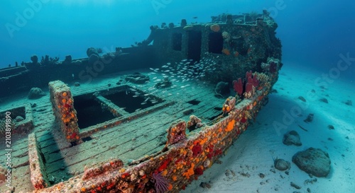 Sunken Wooden Shipwreck Covered in Coral Beneath the Ocean Surface