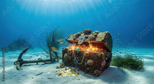 Sunken Treasure Chest Overflowing With Gold and Jewels Underwater