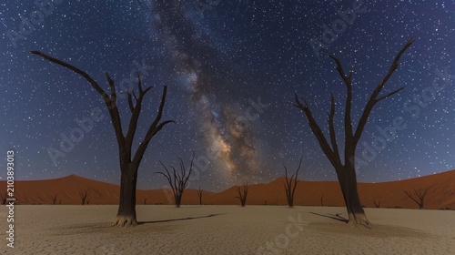 Dead trees in desert under Milky Way.