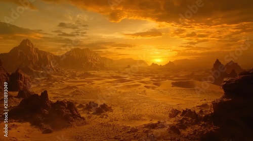 Dramatic sunset over a vast, rocky desert landscape.