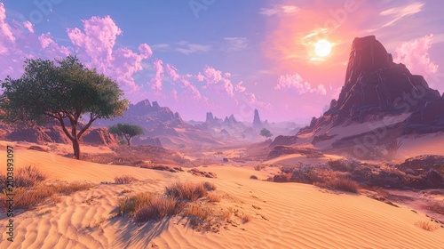 Desert sunset landscape with acacia trees and rocky mountains.