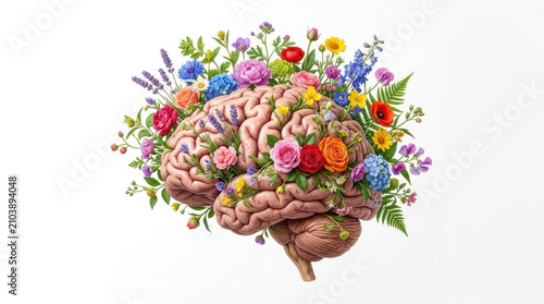A vibrant brain adorned with an array of colorful flowers, symbolizing the theme of intellectual growth and emotional well-being.