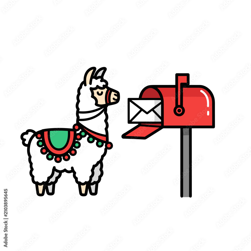 Fototapeta premium Alpaca sending a letter in a red mailbox.