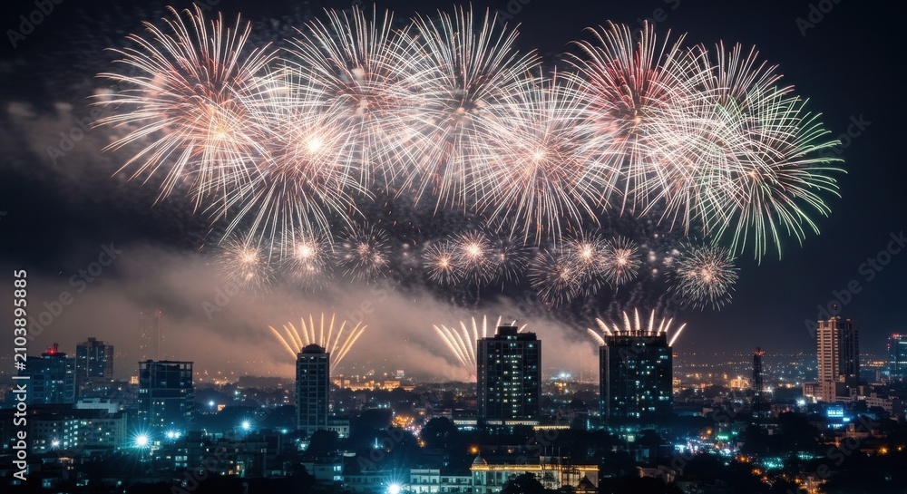 Fototapeta premium Spectacular Fireworks Display Illuminating the Night Sky Over a Cityscape.