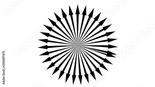 A black and white graphic illustration of numerous arrows radiating outwards from a central point, forming a circular, starburst-like pattern.