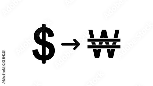 Obraz na płótnie Black dollar sign converting to Korean Won symbol with an arrow on a plain white background, representing currency exchange