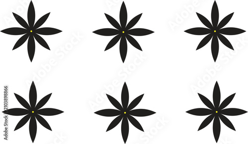 Foto Set of six identical black eight-pointed star icons with minimalist, geometric