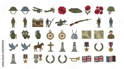Fotografie World War I military vector icon set, vintage WWI soldier figures, historical we