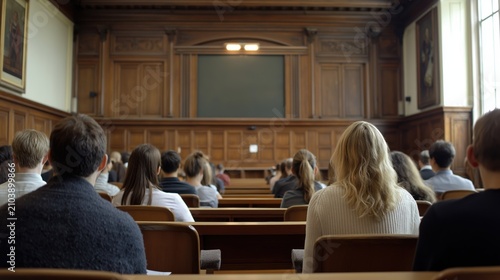 PhD dissertation defense committee viewed from rear during academic examination session