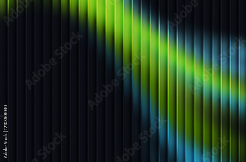 Bild auf Leinwand Abstract vertical dark ribbed background with vibrant green and blue light strea