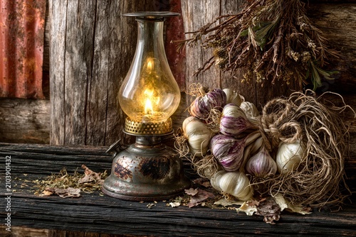 untry kitchen, warm light from a kerosene lamp and spices