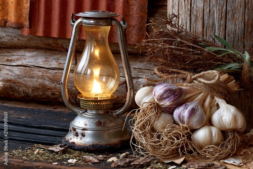 untry kitchen, warm light from a kerosene lamp and spices