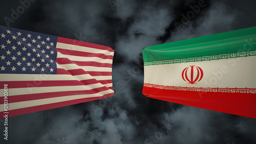 American and Iranian flags waving against a dark cloudy sky USA flag Iran flag United States Persia desi