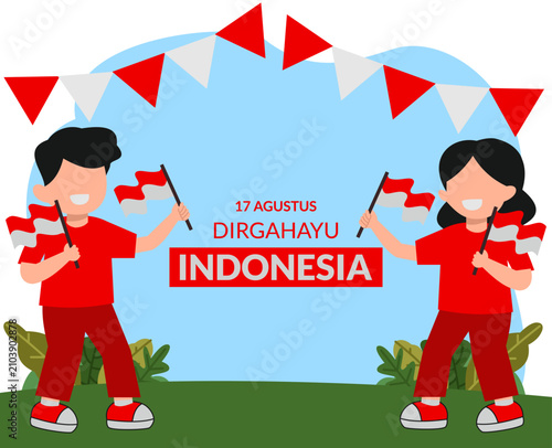 Cute Indonesian kids celebrating Indonesian Independence Day August 17th
