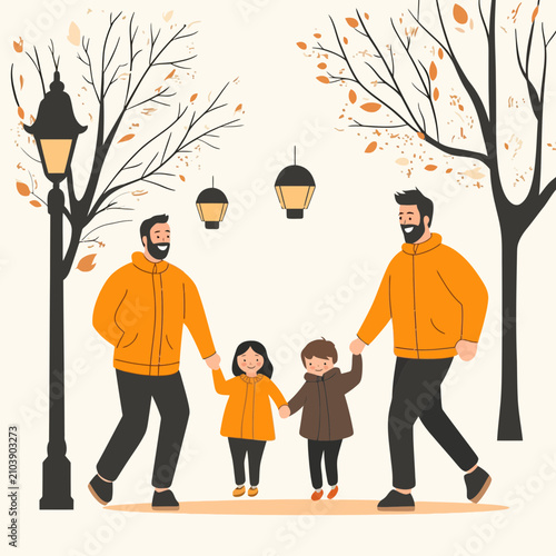Two fathers walking with two children in an autumn park