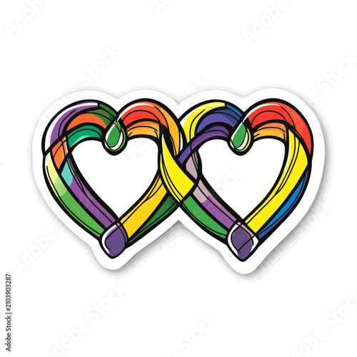 Two interlocking rainbow hearts art design