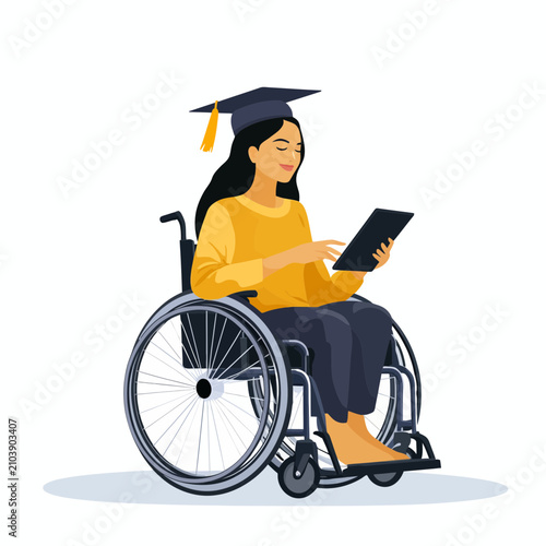 Young woman in wheelchair wearing graduation cap studies on tablet