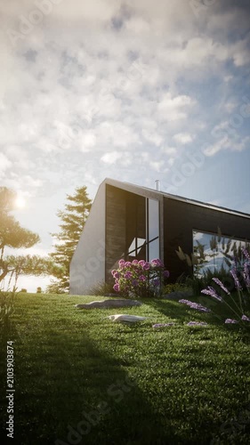 Modern Scandinavian Barn House Exterior with Blooming Garden – Cinematic 3D Animation, Vertical Video