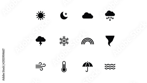 Fotografija Minimalist weather symbol collection with monochromatic set twelve distinct icon