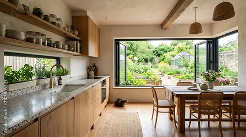 Interior view of bright eco-friendly kitchen with wooden cabinets and open bi-fold windows facing garden
