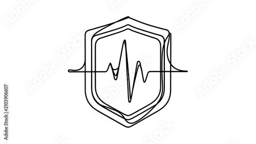 Shield with heartbeat line art white background.