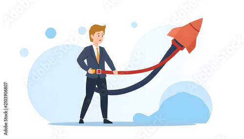 Business Character Fastening Seatbelt on Growth Rocket, Secured Growth Risk Concept